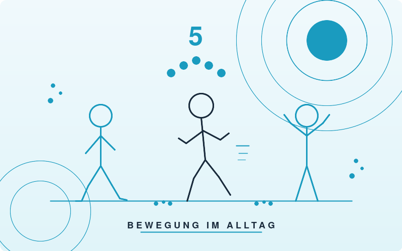 Stilisierte Figuren beim Gehen, Laufen und Stretchen – 5 Tipps für mehr Bewegung im Alltag